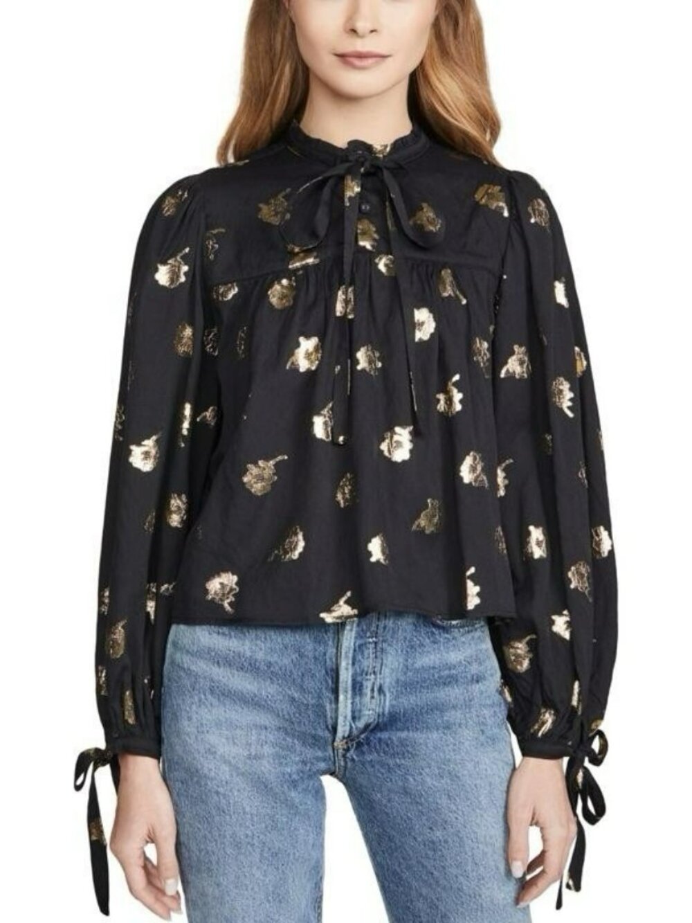 WARM Mystic Gathered Yoke Blouse Puff Sleeve Tie Neck Black & Gold Size 0 $395